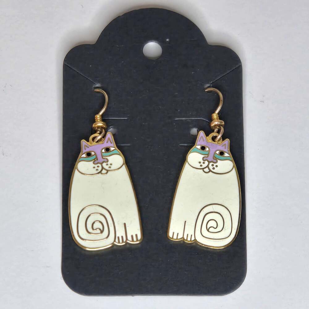 Vintage Laurel Burch Olivia Cat Dangle Earrings White Enamel Gold Tone